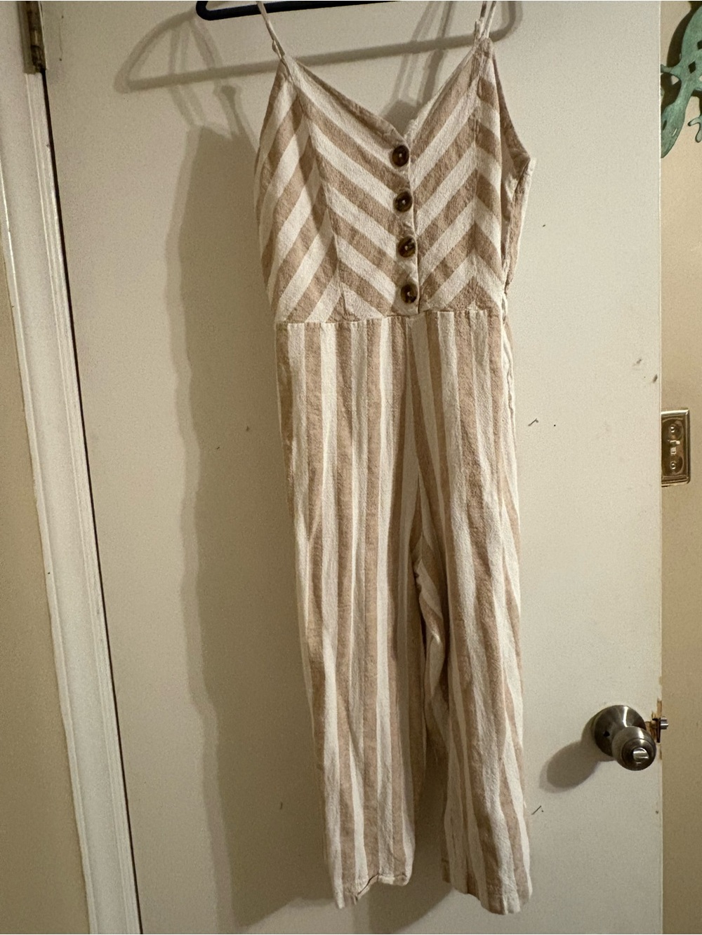 Beige & Cream Striped Linen-Blend Jumpsuit